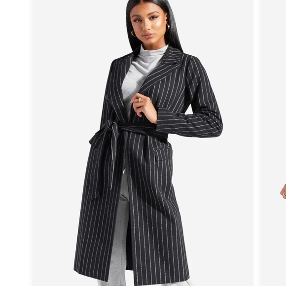 🧥 Pinstripe Wool Tie Belted Coat 🧥 - Picture 1 of 4